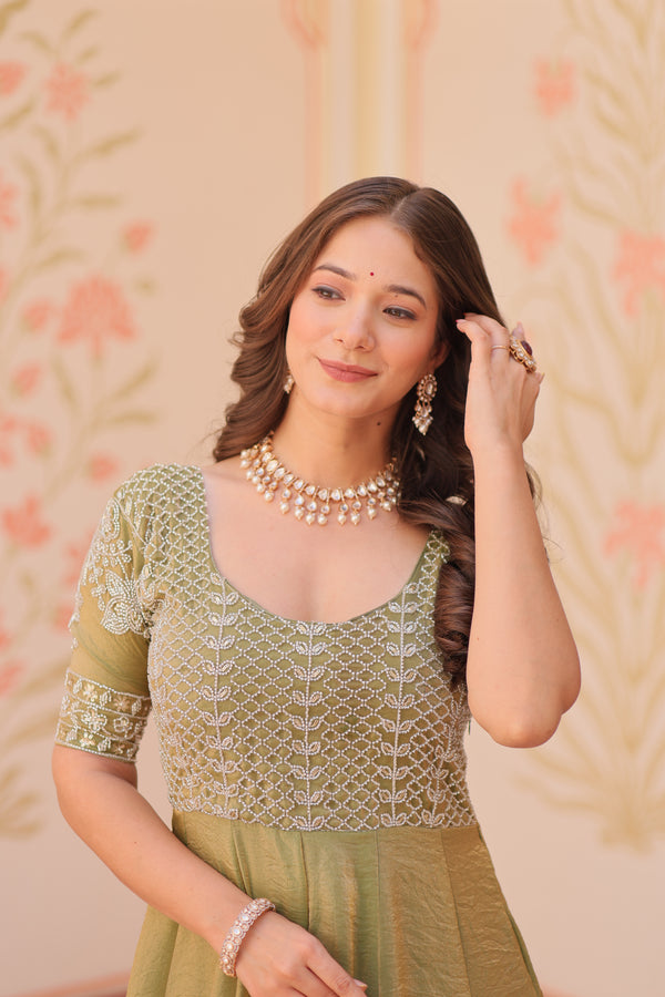Mehndi Color Fendi Embroidered work Gown