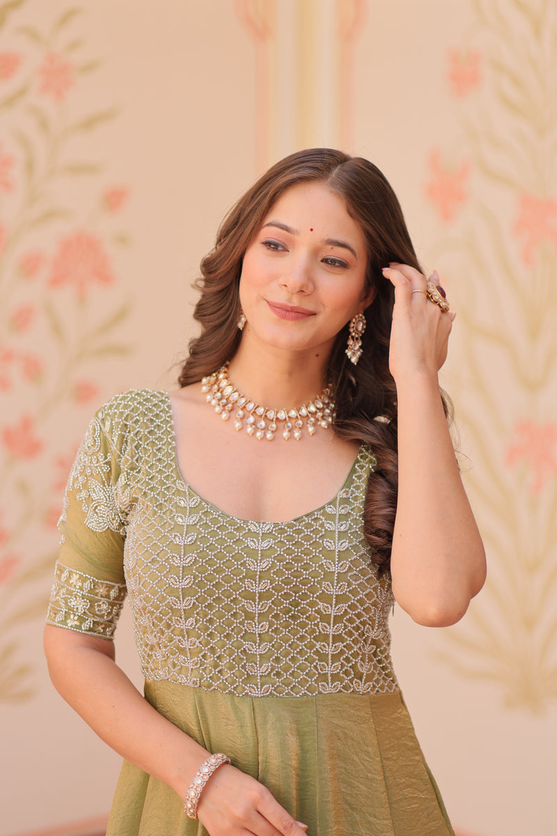Mehndi Color Fendi Embroidered work Gown