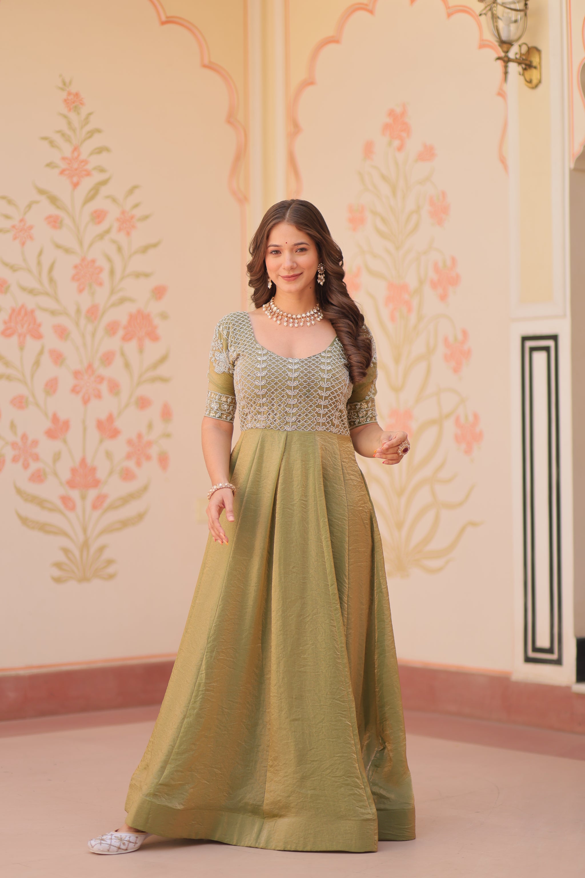 Mehndi Color Fendi Embroidered work Gown