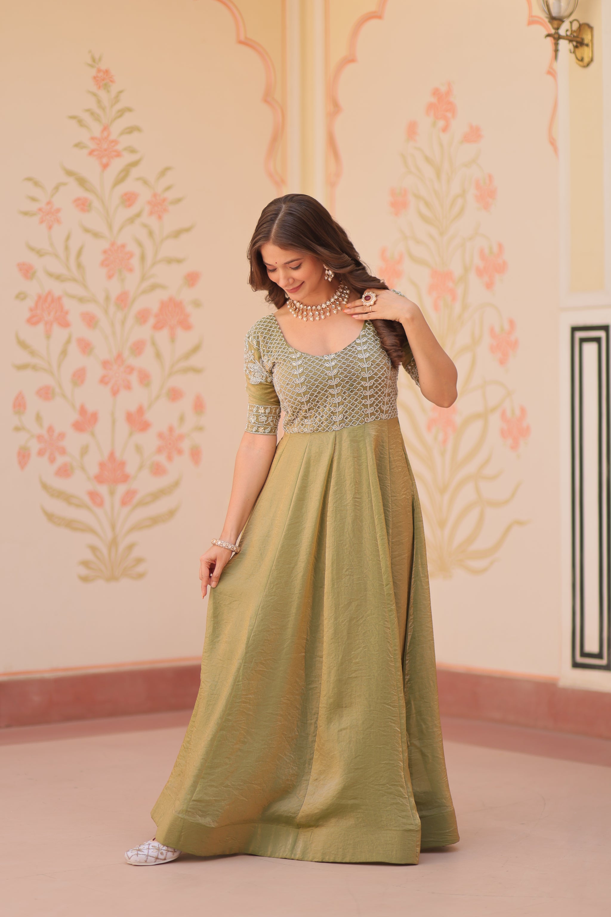 Mehndi Color Fendi Embroidered work Gown