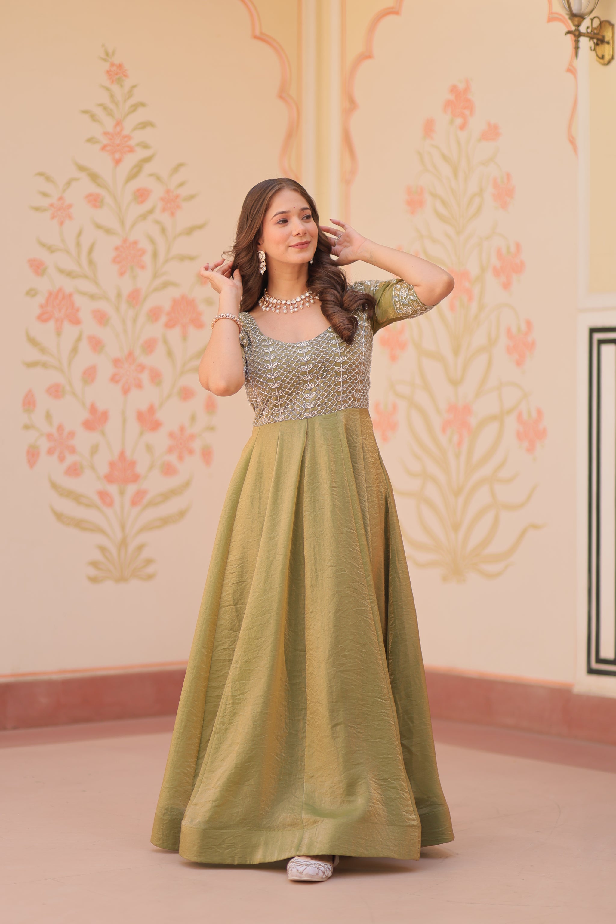 Mehndi Color Fendi Embroidered work Gown