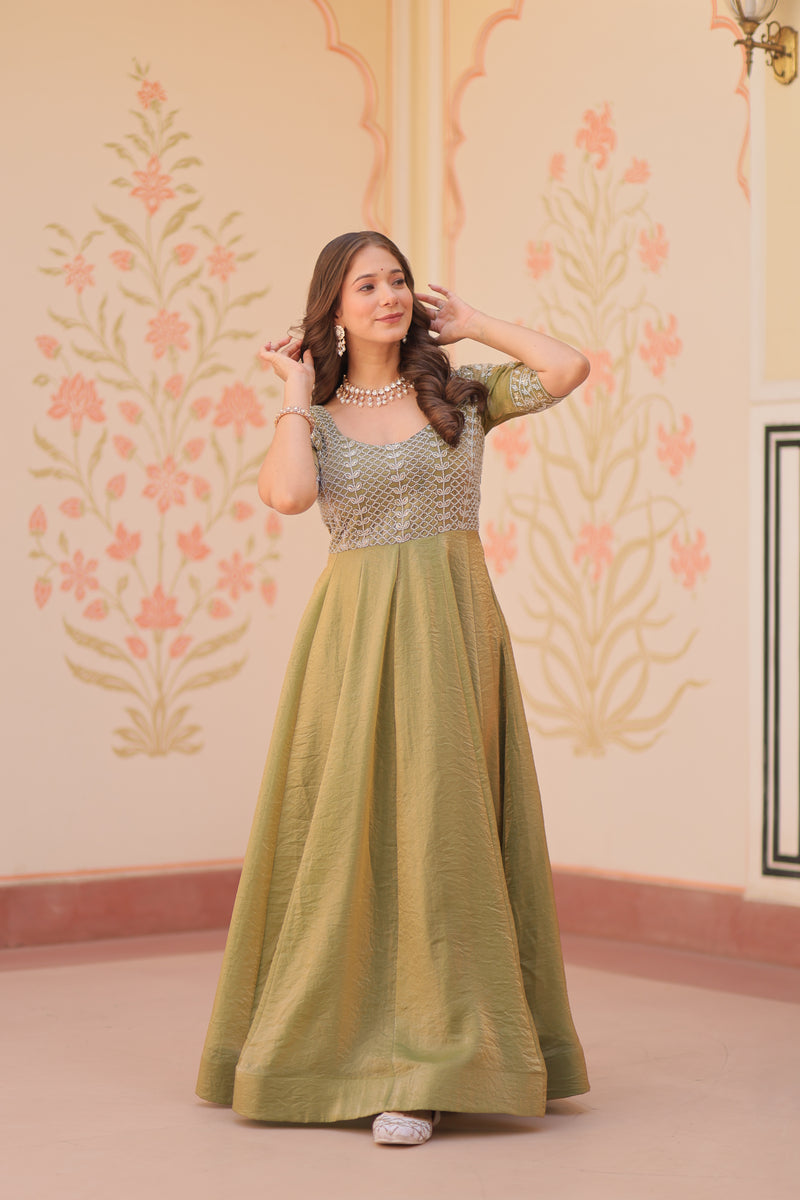 Mehndi Color Fendi Embroidered work Gown