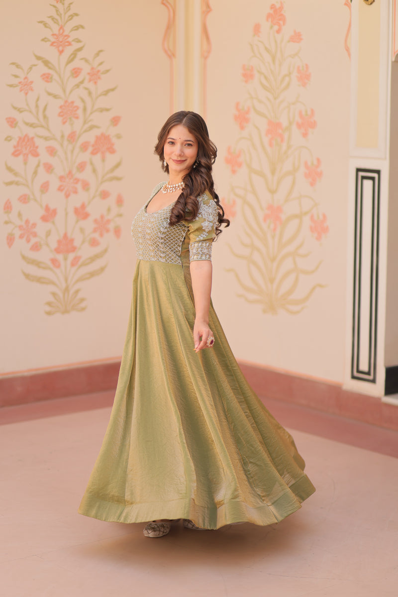 Mehndi Color Fendi Embroidered work Gown