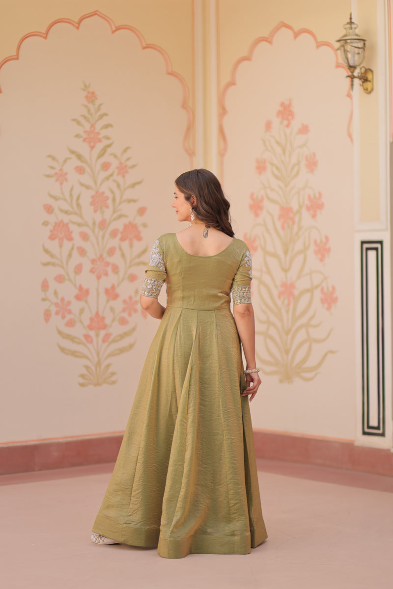 Mehndi Color Fendi Embroidered work Gown