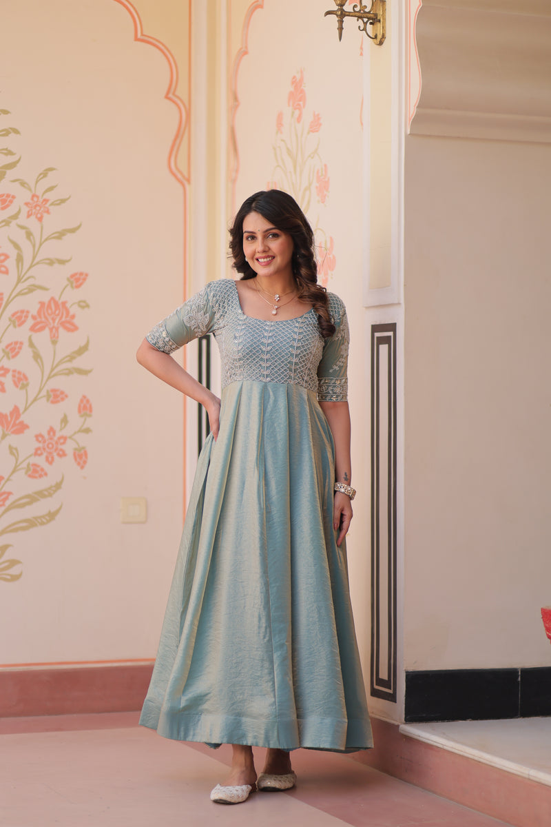 Sky Blue Color Fendi Embroidered work Gown