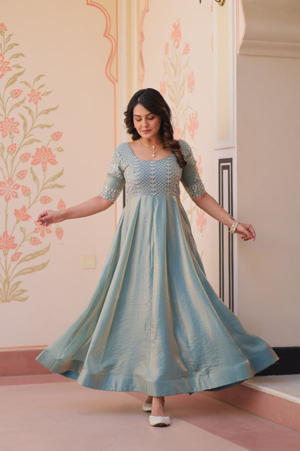 Sky Blue Color Fendi Embroidered work Gown
