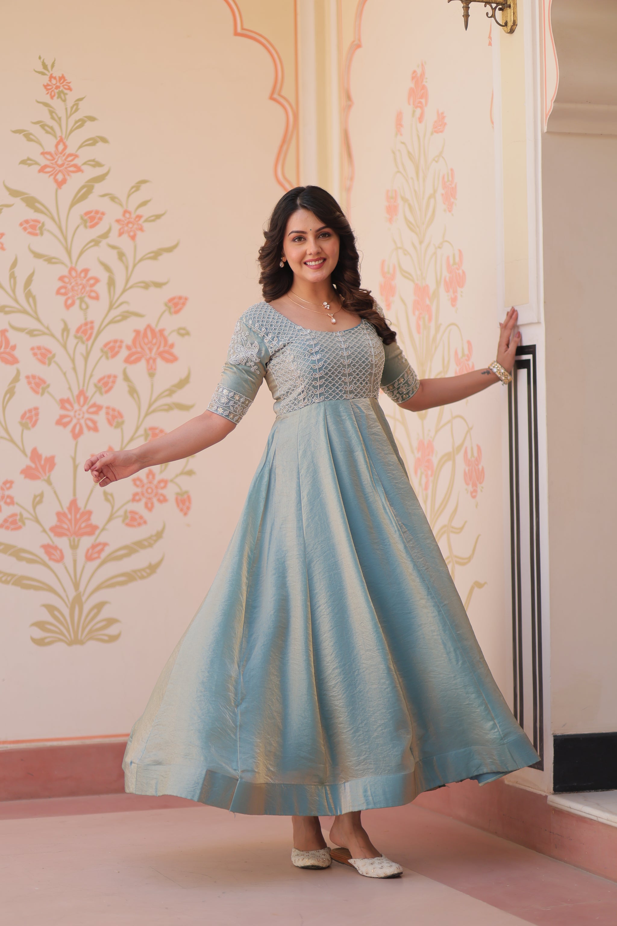 Sky Blue Color Fendi Embroidered work Gown
