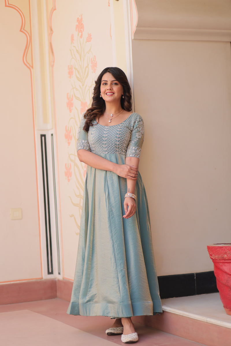 Sky Blue Color Fendi Embroidered work Gown