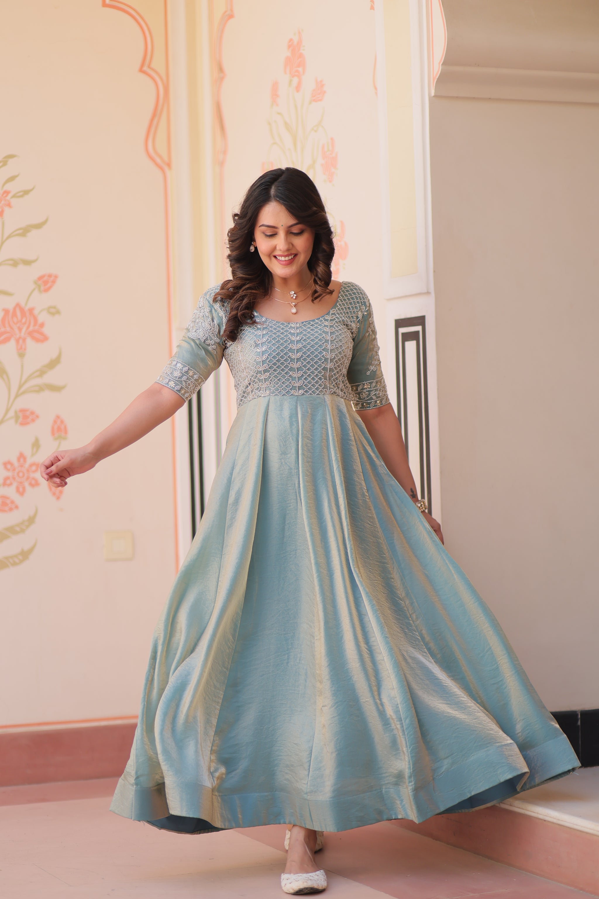 Sky Blue Color Fendi Embroidered work Gown