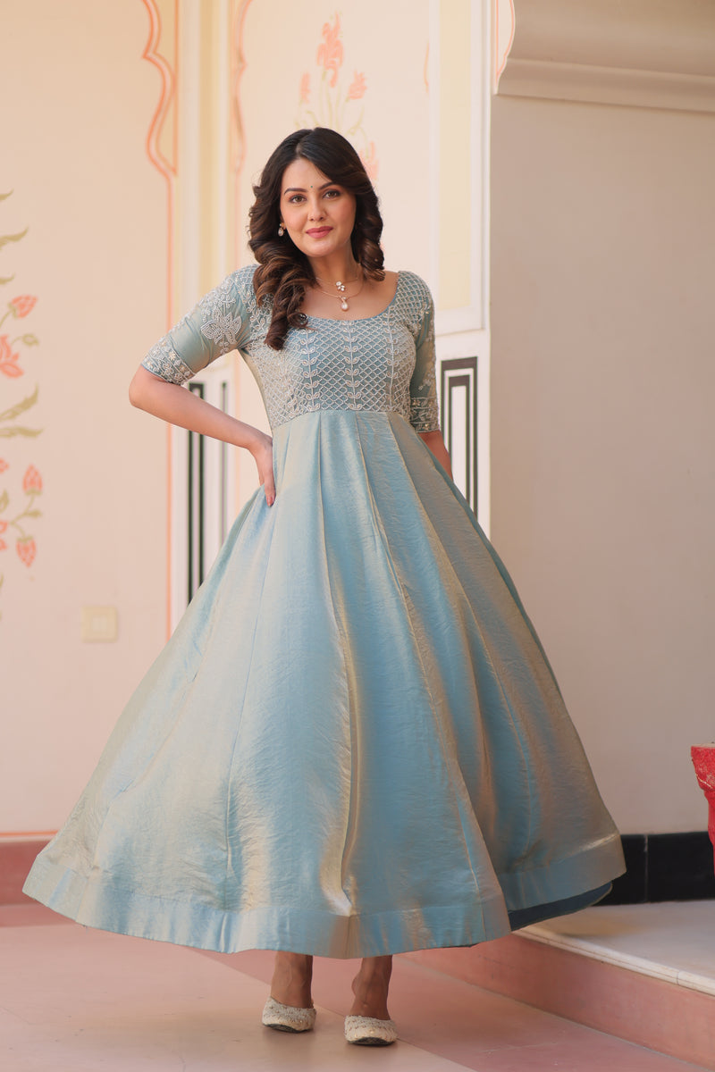 Sky Blue Color Fendi Embroidered work Gown