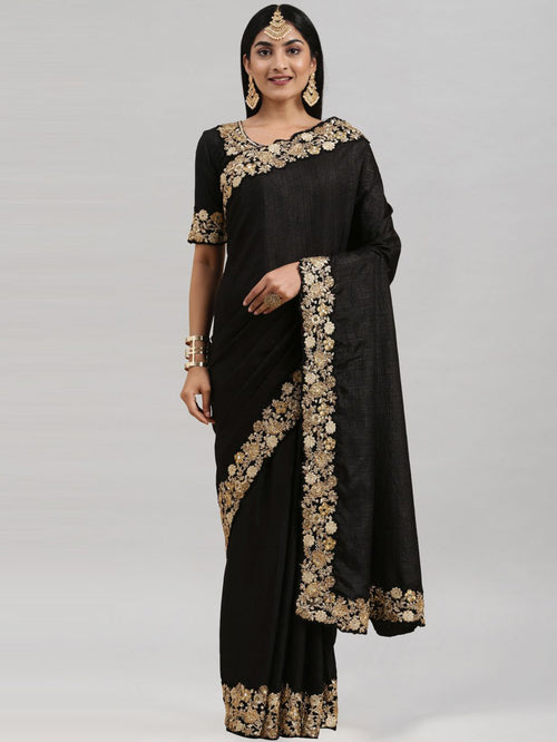 Black Coloured Poly Silk Embroidered Partywear Saree