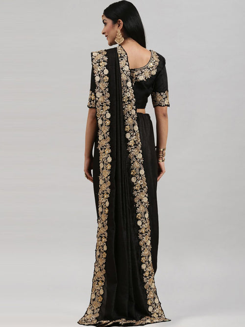 Black Coloured Poly Silk Embroidered Partywear Saree
