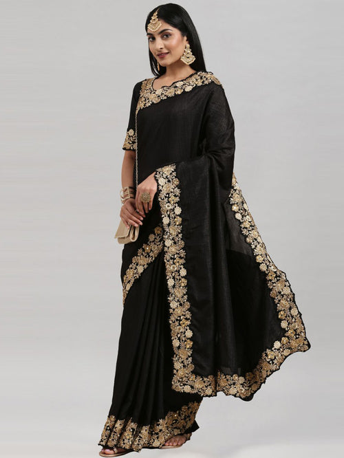 Black Coloured Poly Silk Embroidered Partywear Saree