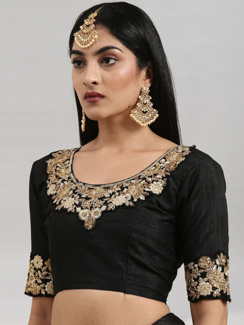 Black Coloured Poly Silk Embroidered Partywear Saree