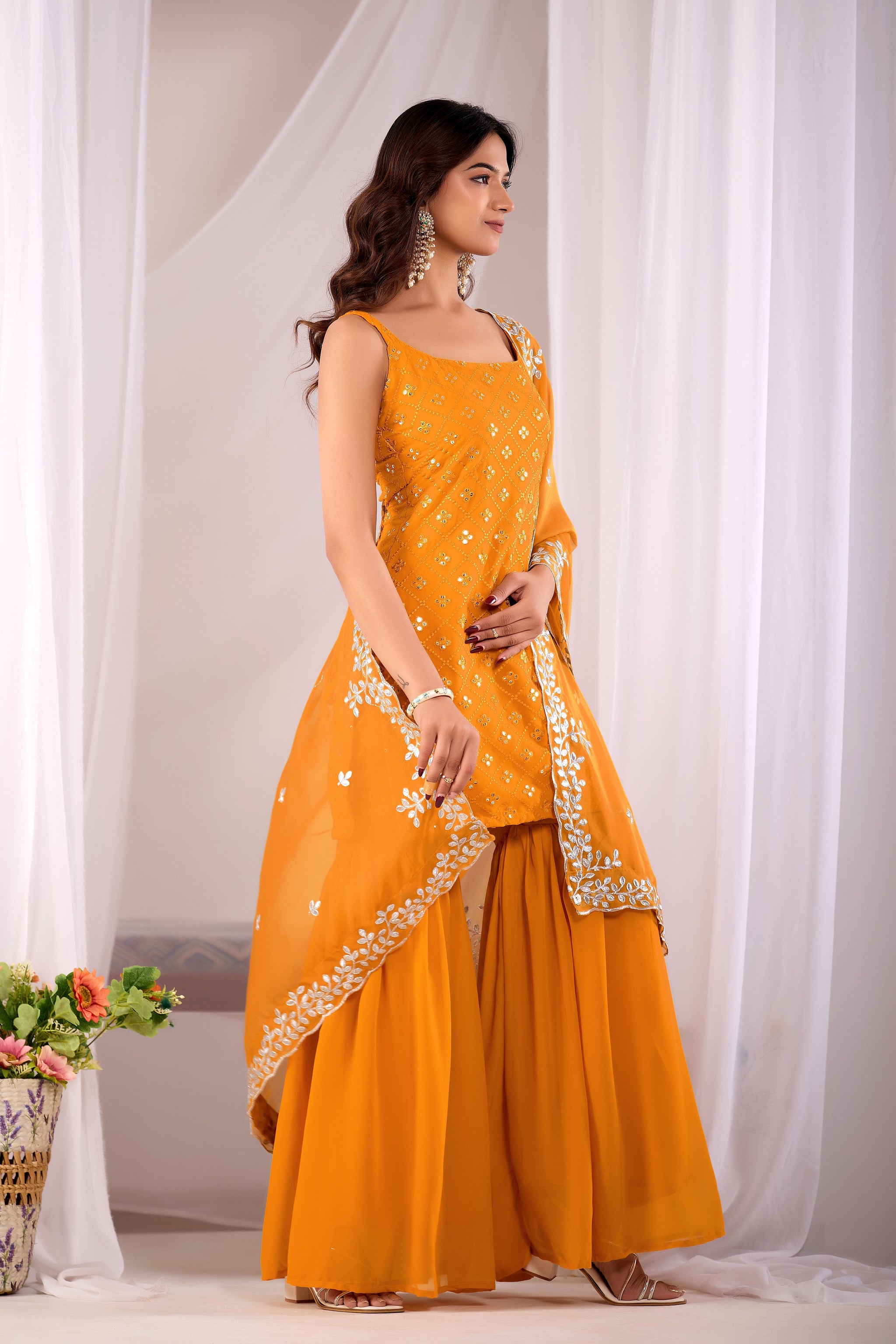 Mustard Georgette Embroidered Kurta And Sharara Suit Set with Dupatta