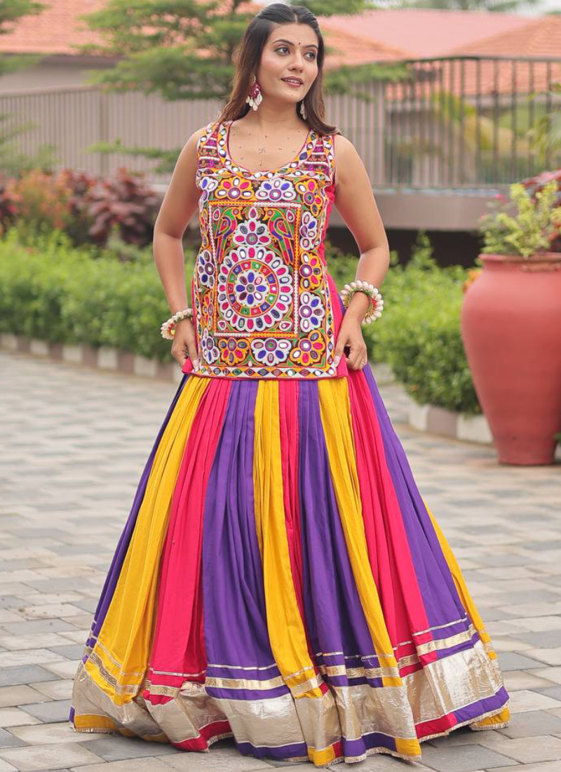 Navratri Wear Multi Color Gamthi Real Mirror Work Cotton Lehenga Choli