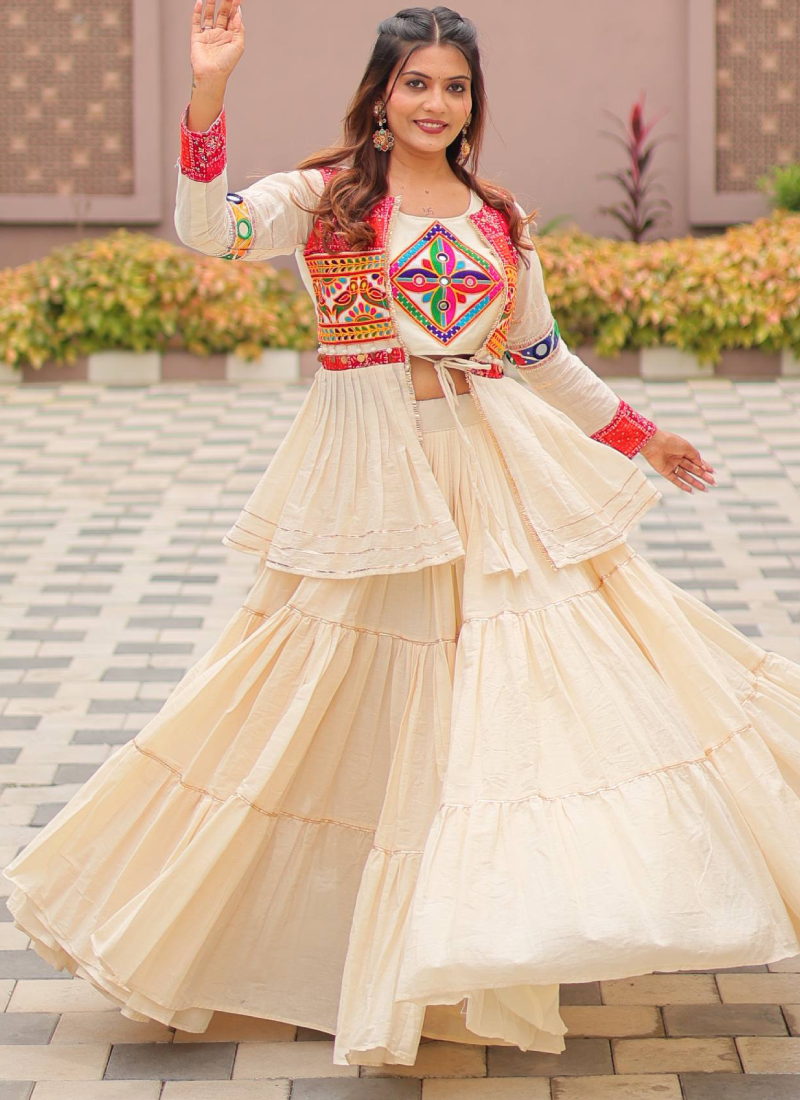Ruffle Style Cotton Off White Navratri Special Lehenga Choli With Koti