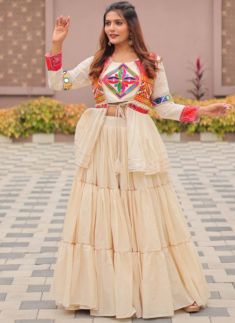 Ruffle Style Cotton Off White Navratri Special Lehenga Choli With Koti