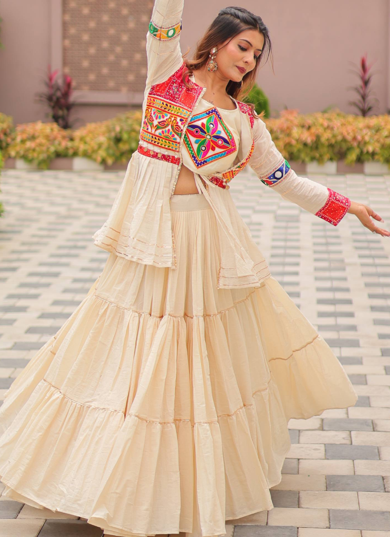 Ruffle Style Cotton Off White Navratri Special Lehenga Choli With Koti