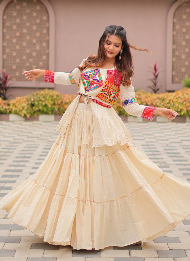 Ruffle Style Cotton Off White Navratri Special Lehenga Choli With Koti