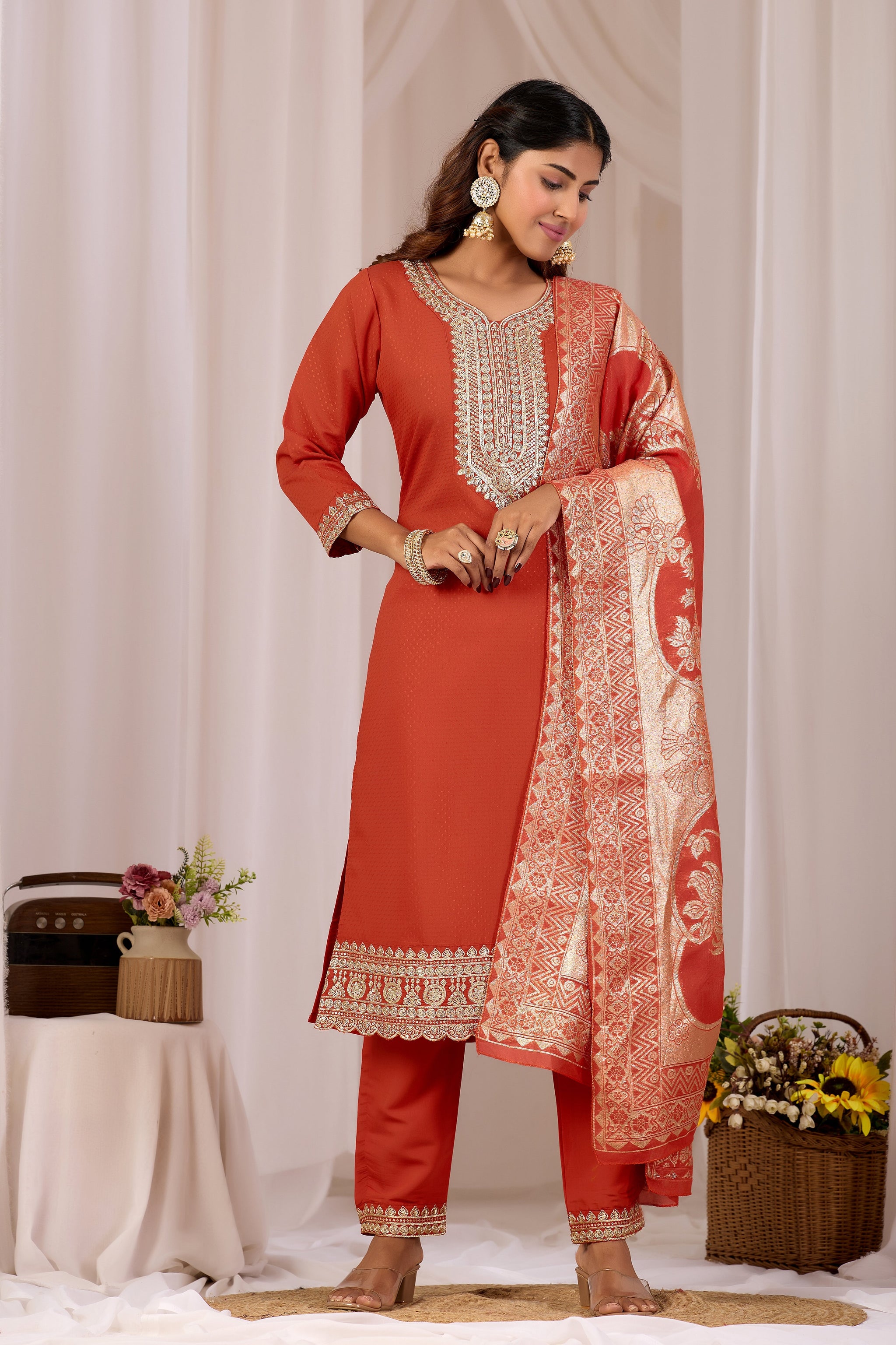 Rust Orange Embroidery Neck Design Cotton Straight Kurta Set for Women With Dupatta