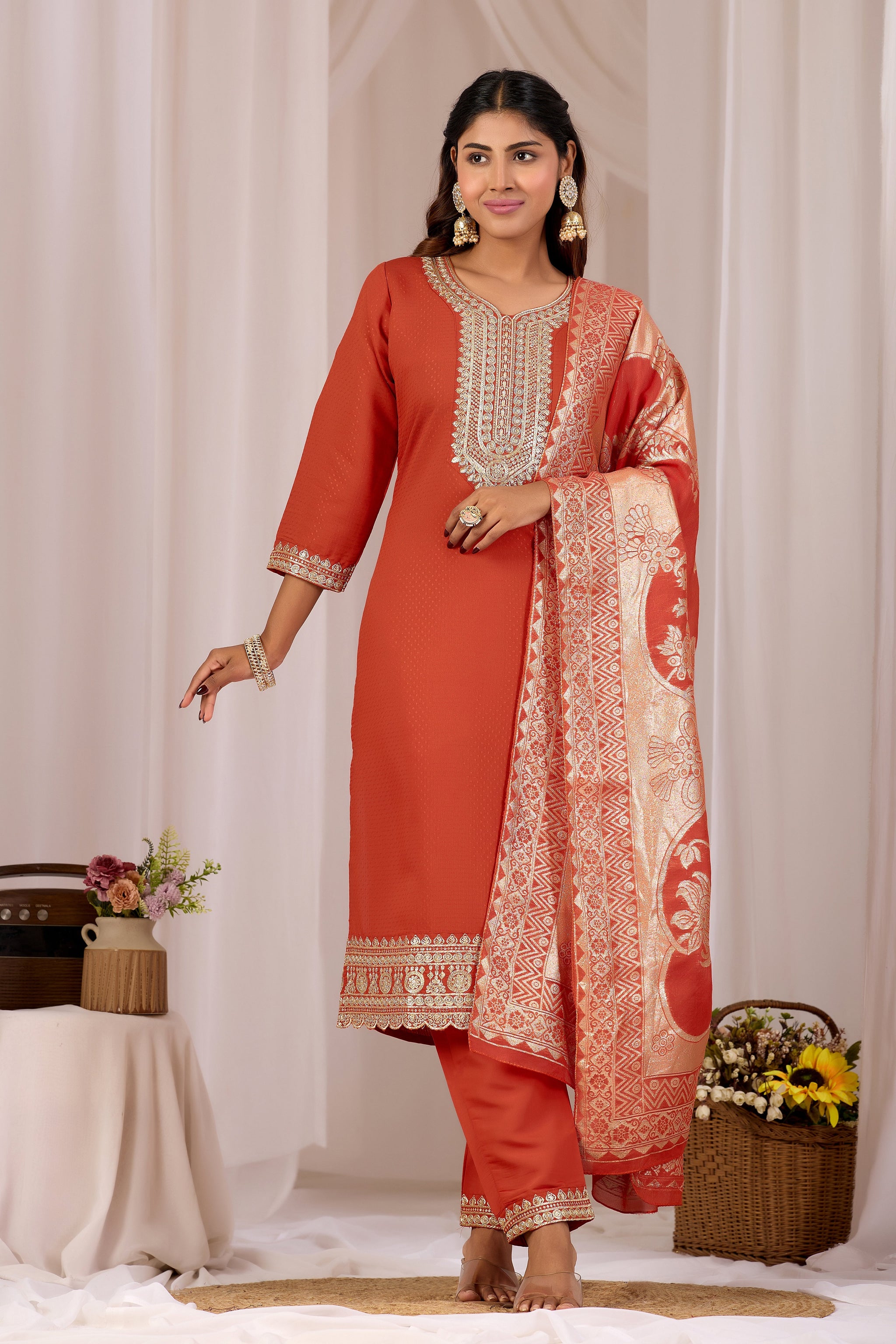 Rust Orange Embroidery Neck Design Cotton Straight Kurta Set for Women With Dupatta
