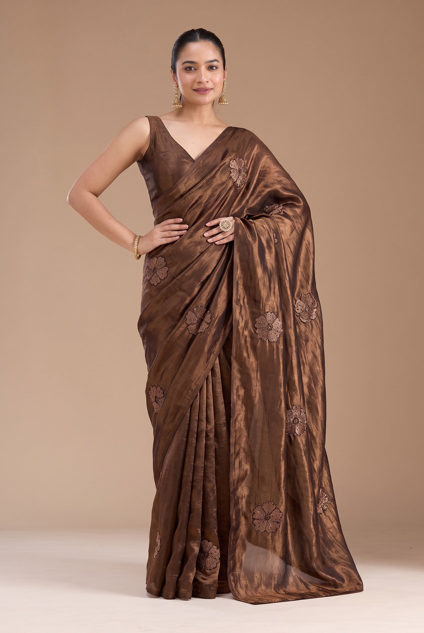 Chocolate Brown NC Silk Saree with Floral Embroidery Motifs