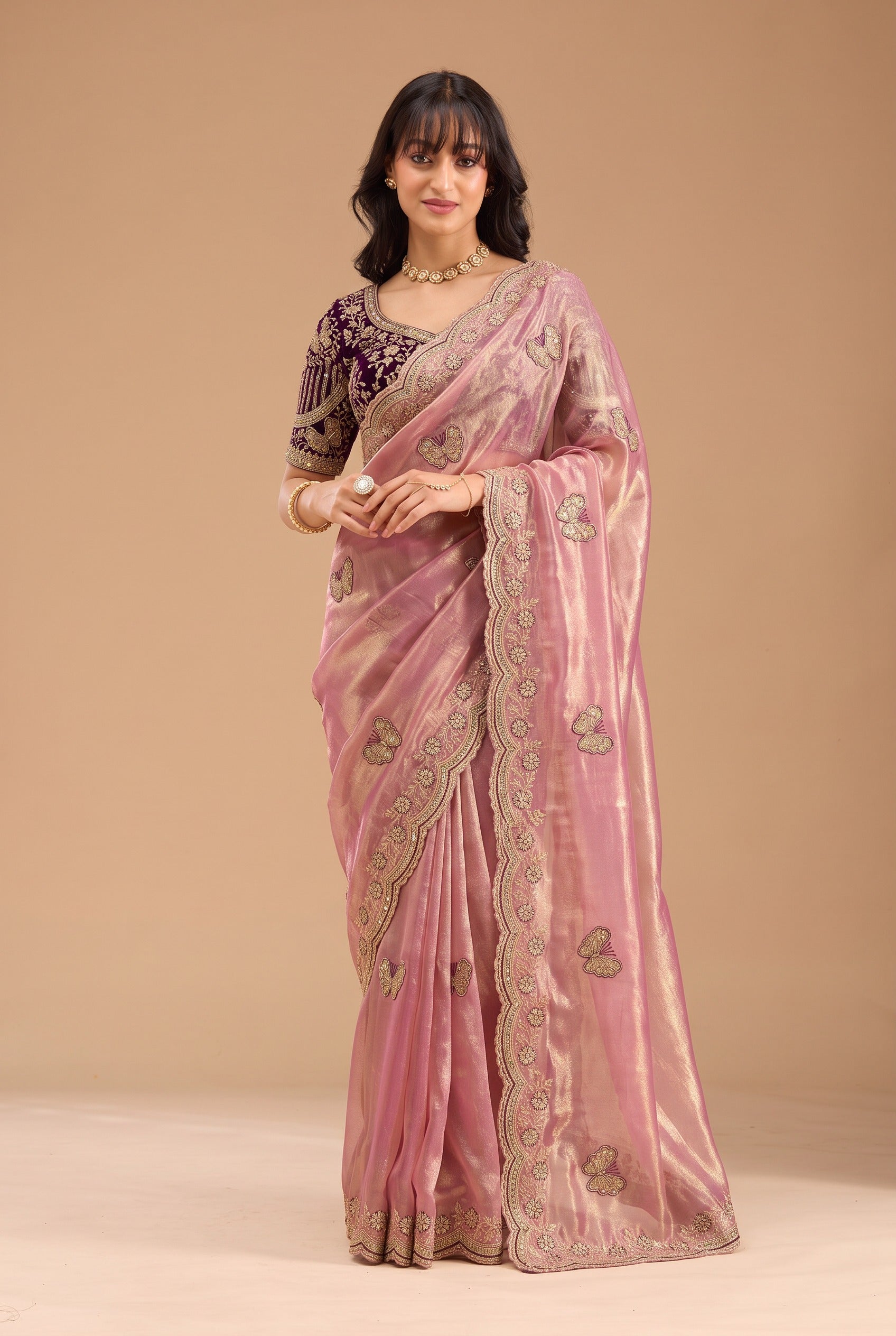 Mauve Pink Fandy Silk Saree with Butterfly Embroidery