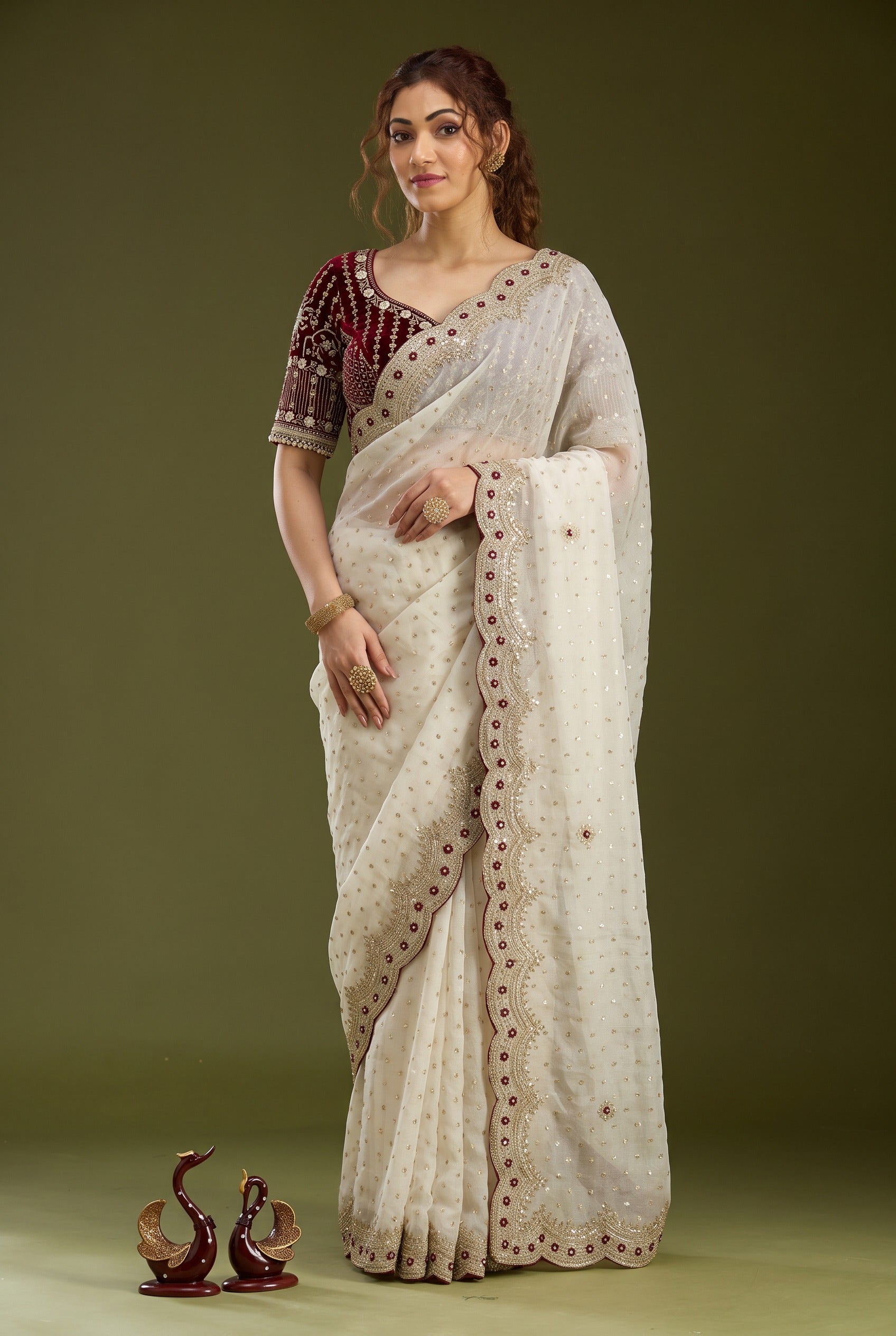 Pearl Off-White NC Zari Butti Embroidery Work Border Saree