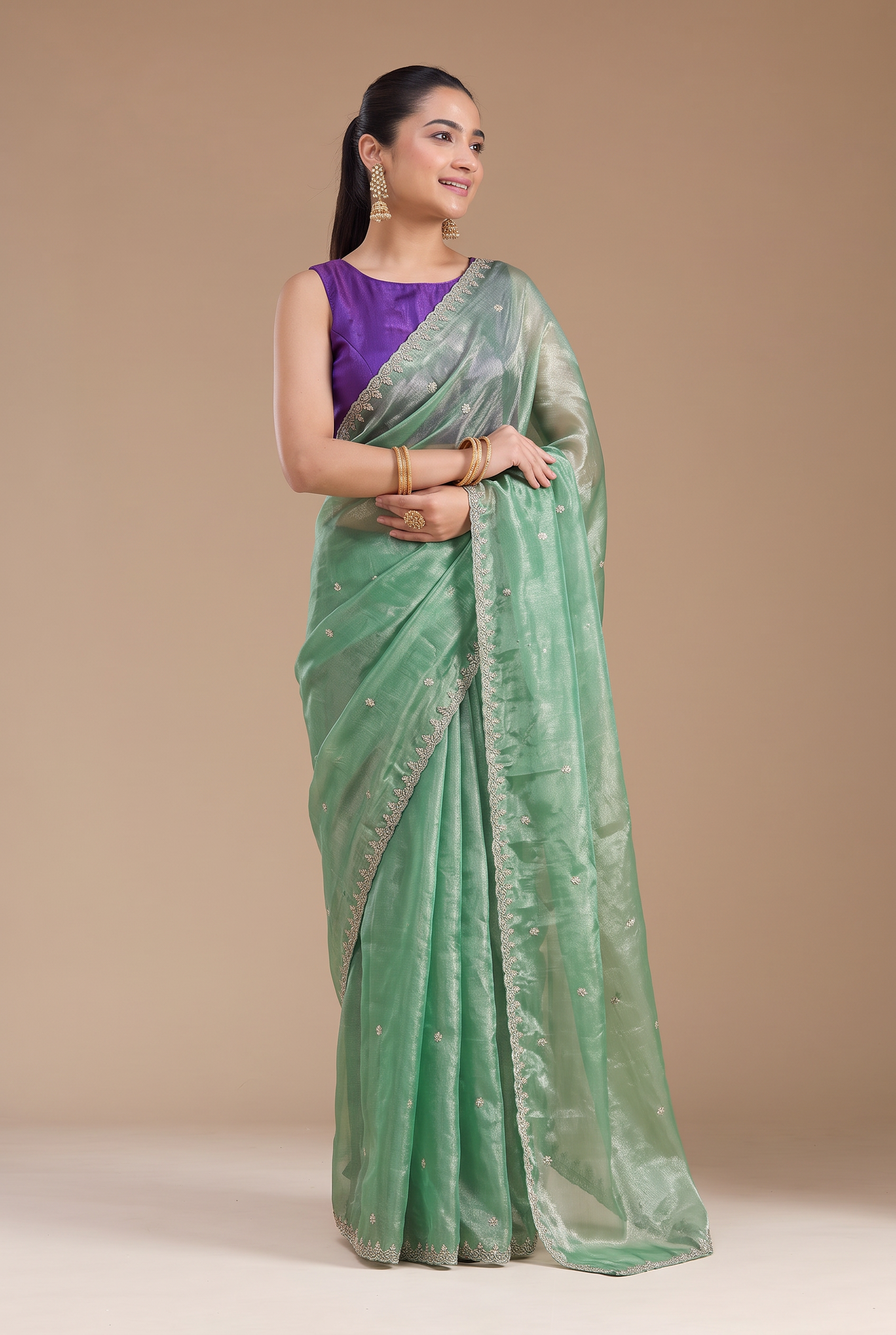 Sage Green Fandy Silk Saree with Embroidery Lace Border