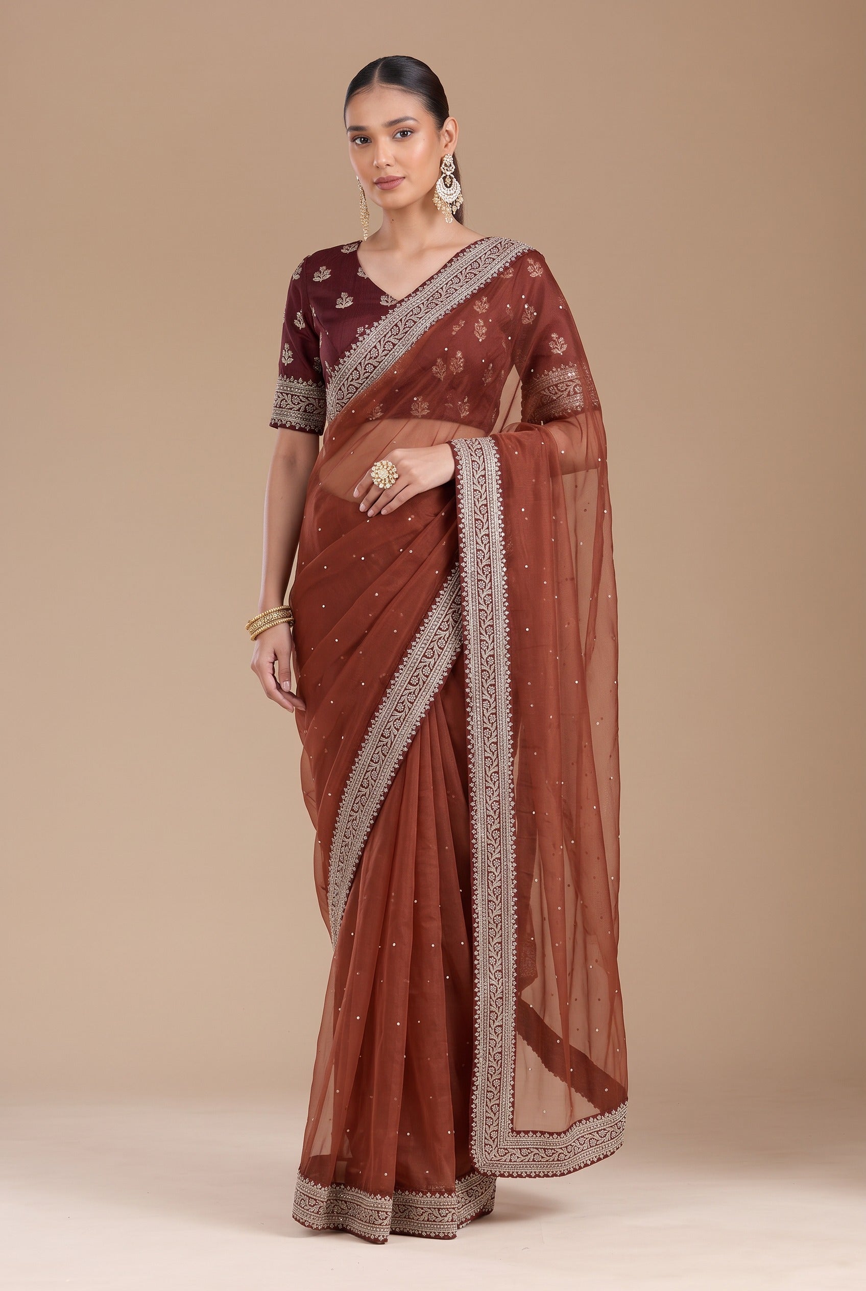 Brown Organza Silk Saree Sequence and Diamond Work With Blouse Piece