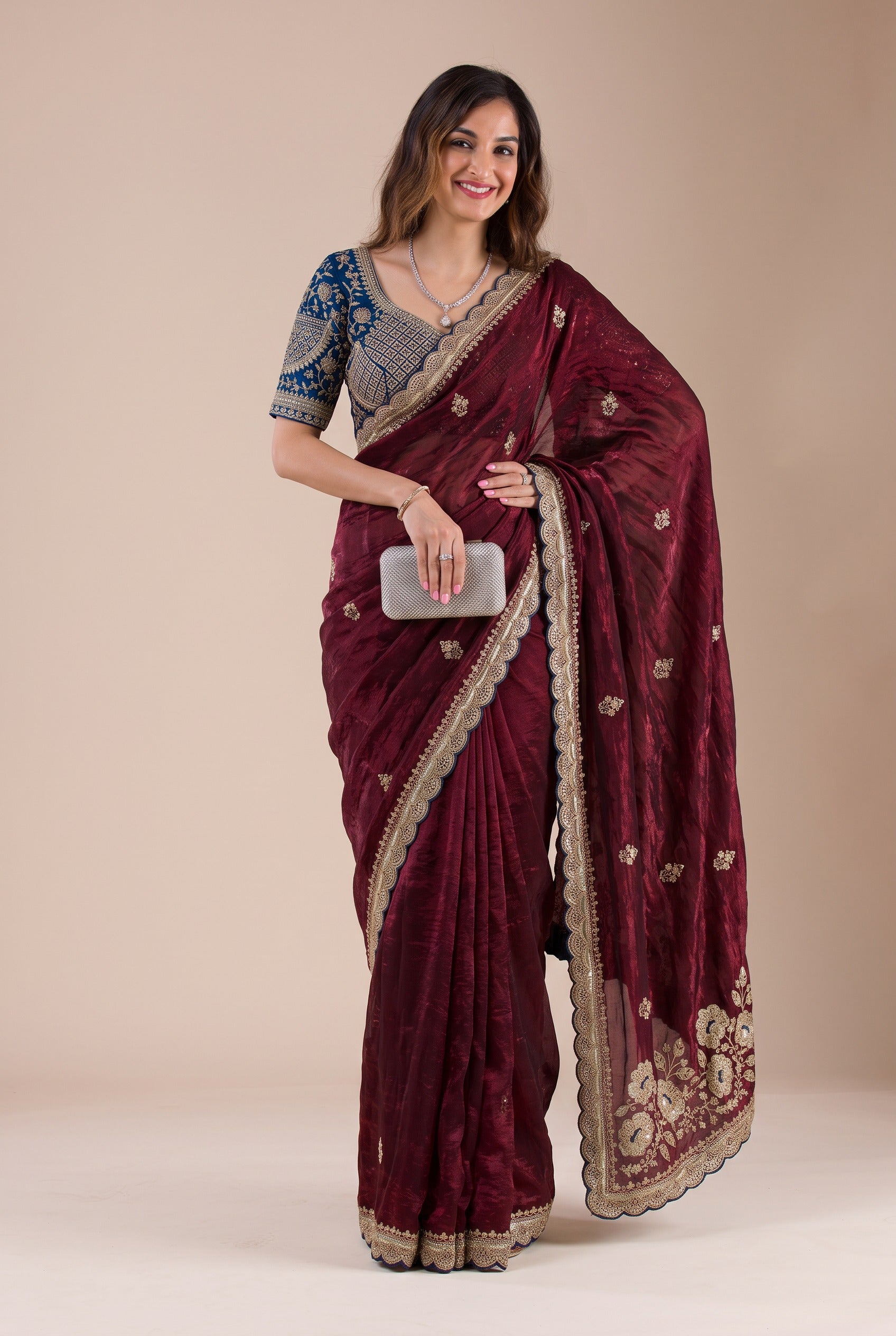 Wine Maroon Metallic Organza Saree with Royal Blue Designer Blouse Piece