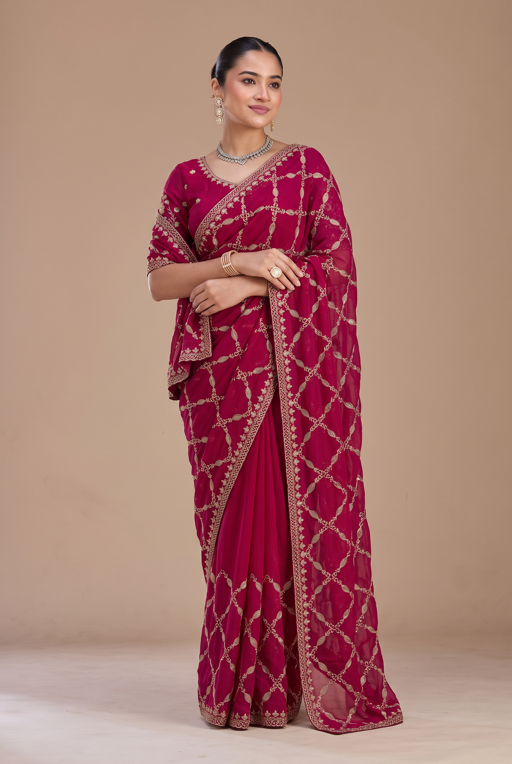 Designer Pink Fandy Silk All Over Embroidery Work Saree