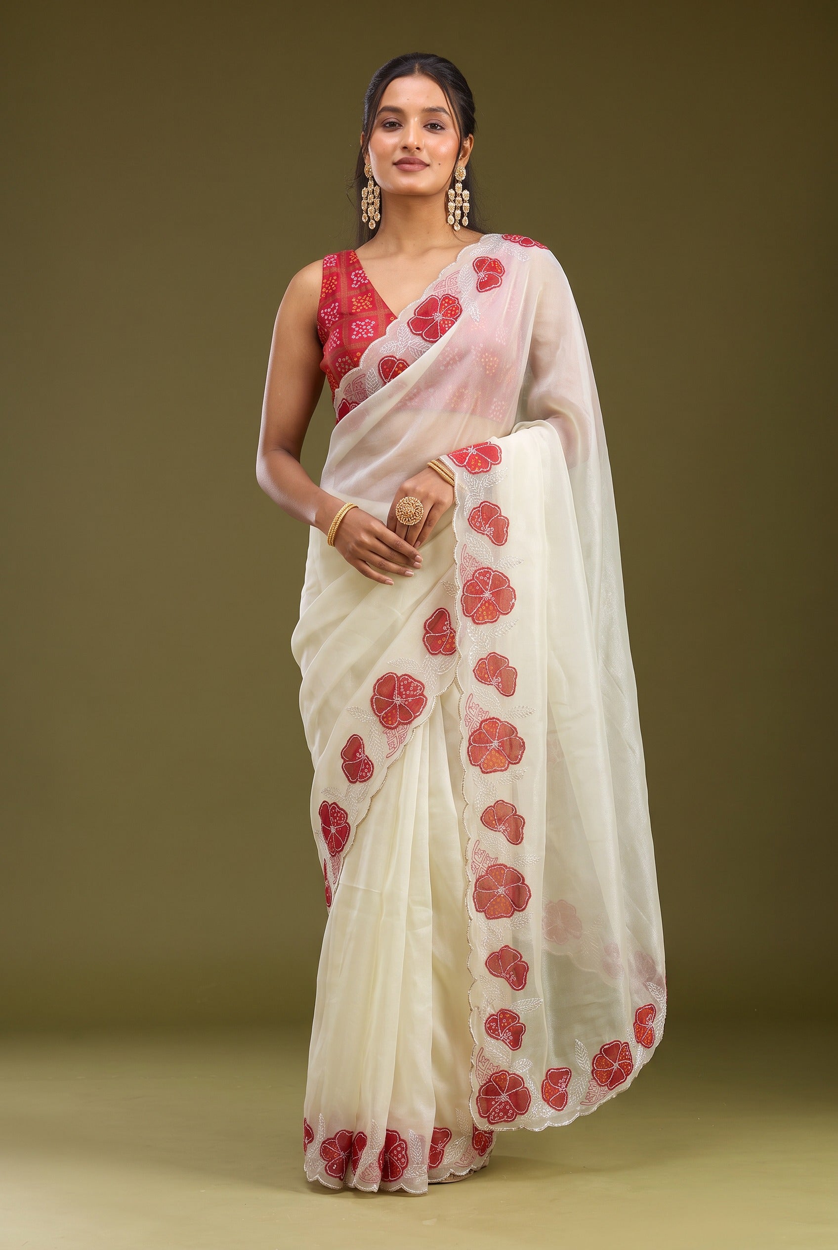 Off-White NC Silk Saree with Red Bandhani Floral Patches & Sequined Work