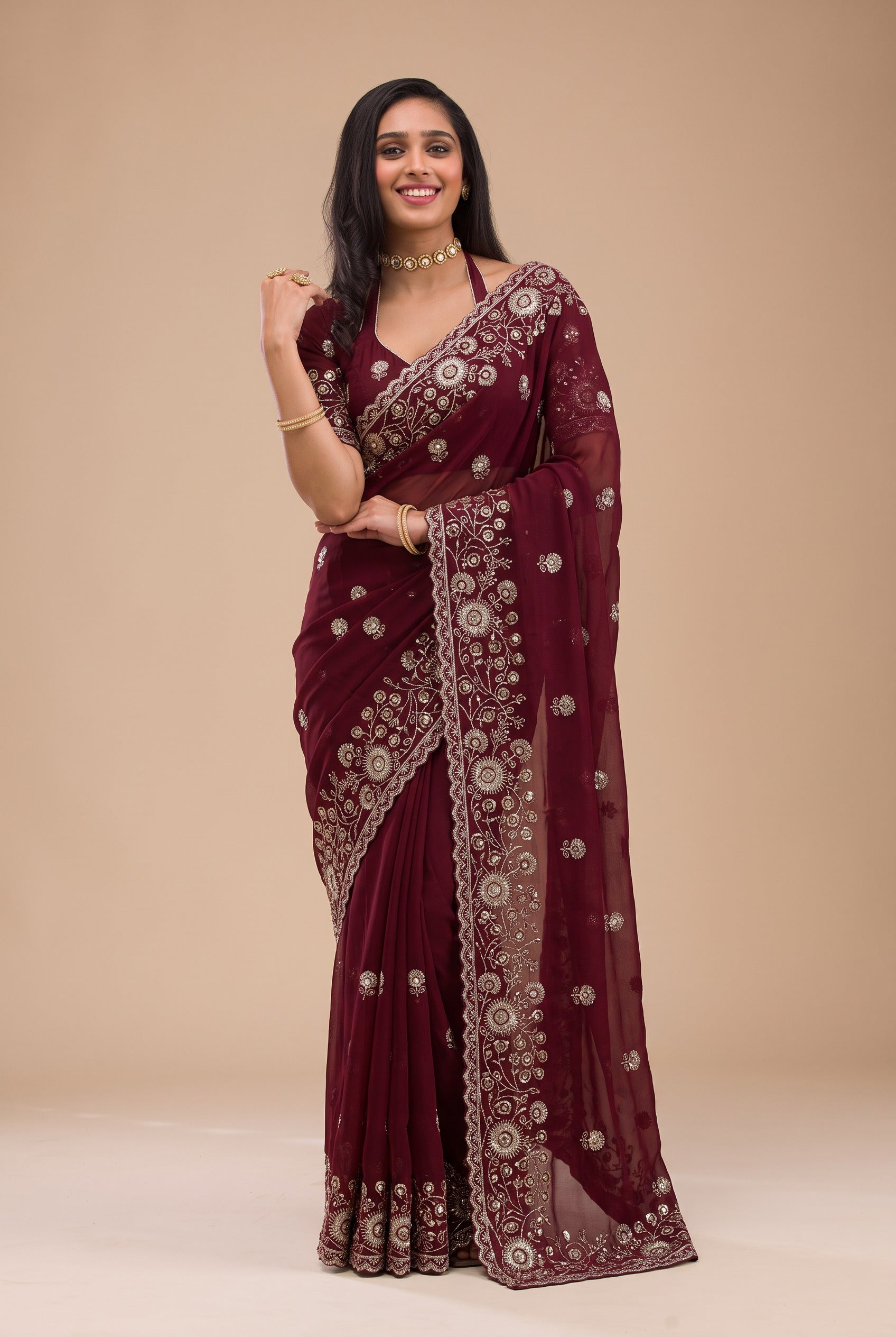 Maroon Lightweight Soft Rangoli Silk Embroidery Work Saree