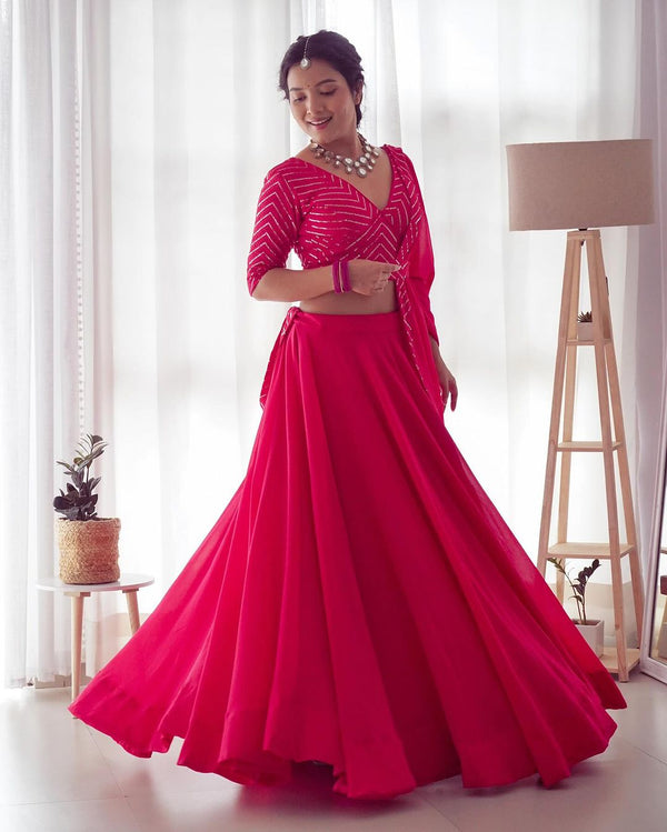 Pink Full Flairy Pure Soft Georgette Full Stitched Lehenga Choli