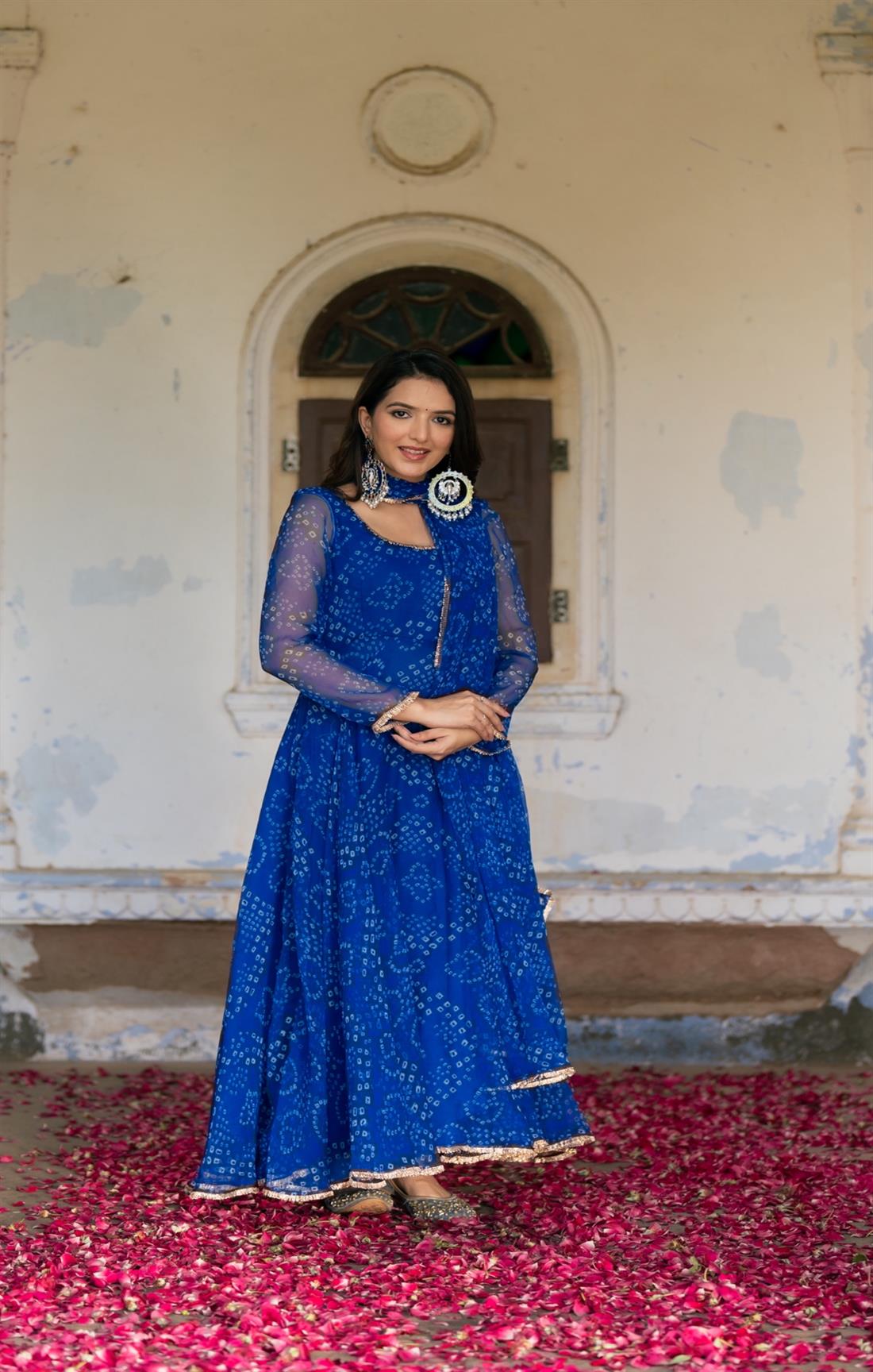 Digital Print Blue Colour organza silk Anarkali Suit Set with huge flair