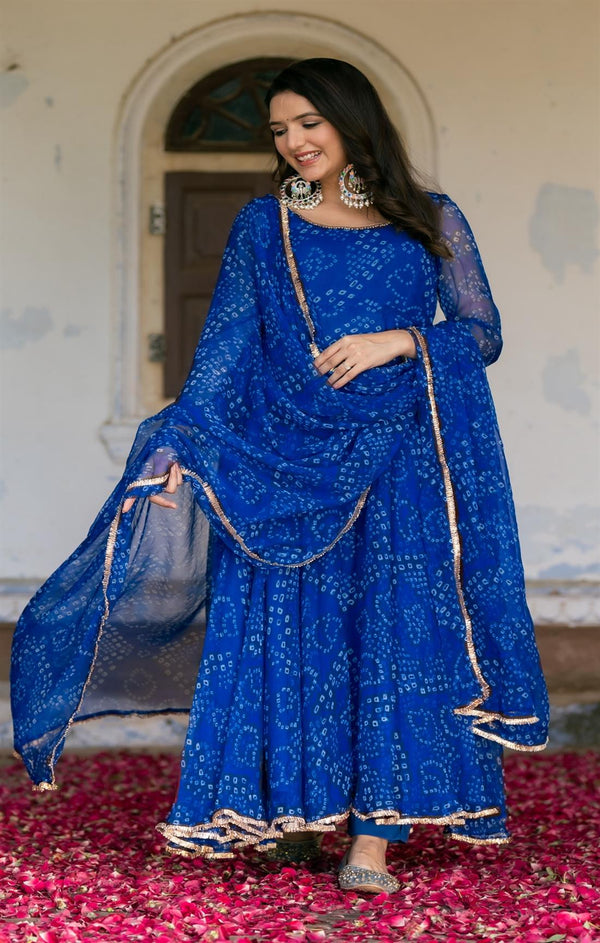 Digital Print Blue Colour organza silk Anarkali Suit Set with huge flair