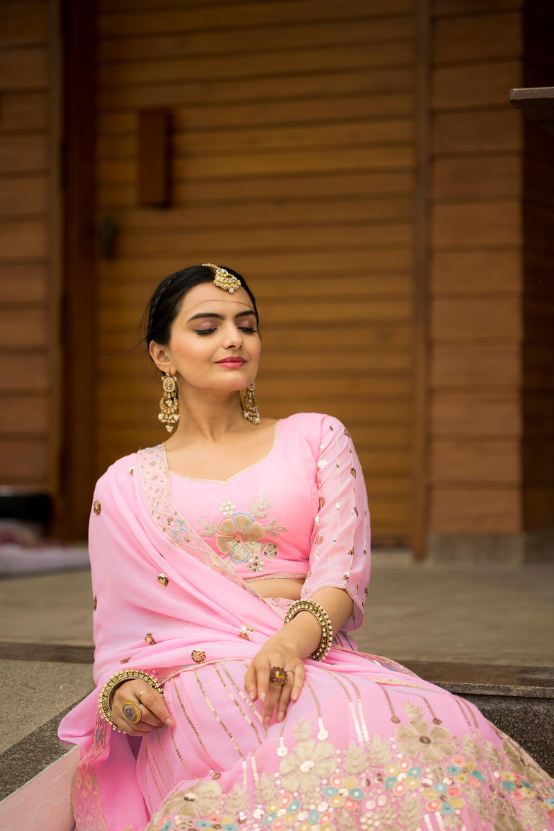 Wedding Wear Georgette Baby Pink Color Lehenga Choli