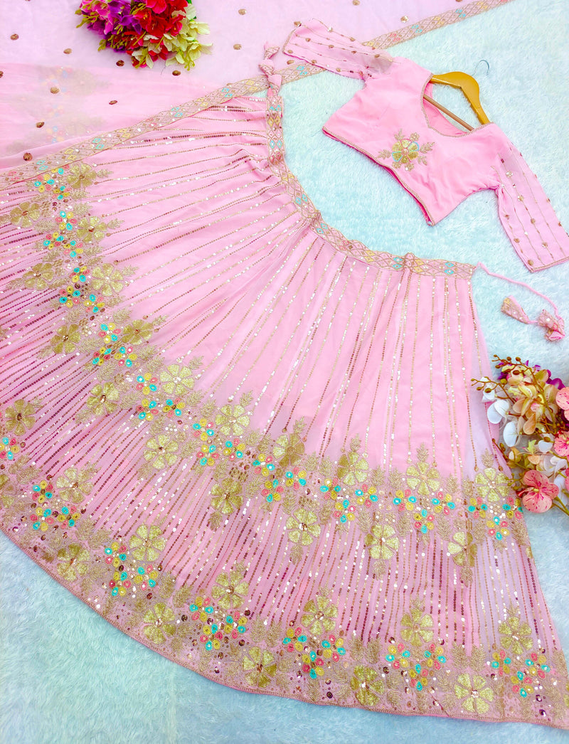 Wedding Wear Georgette Baby Pink Color Lehenga Choli