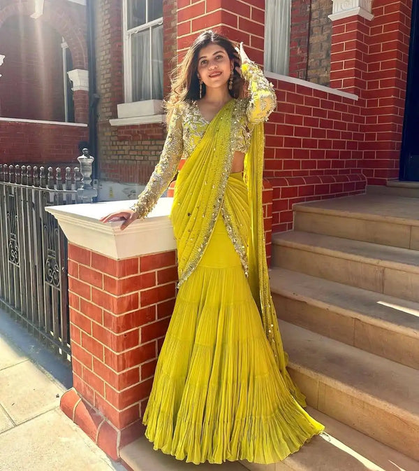 Ruffle Lehenga Saree For Haldi Function