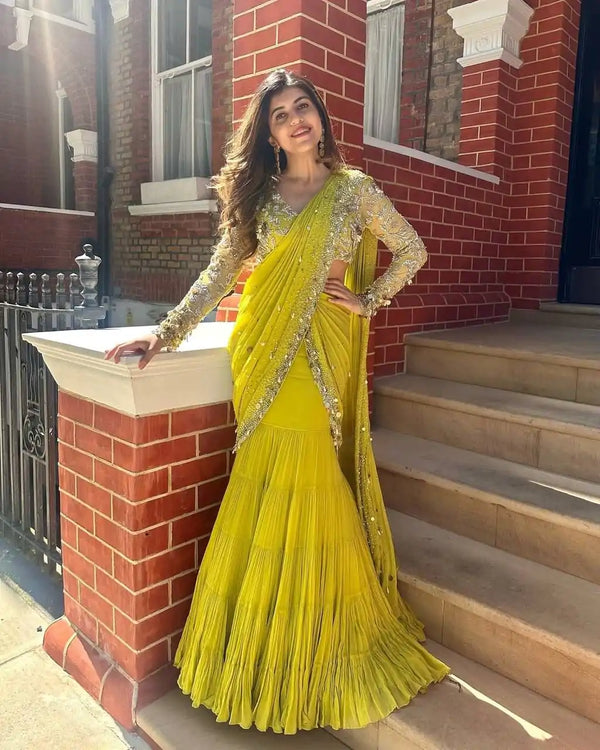 Ruffle Lehenga Saree For Haldi Function