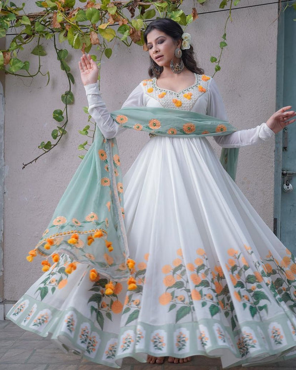 White georgette long anarkali gown with rainbow dupatta | Long anarkali gown,  Dress, Anarkali gown
