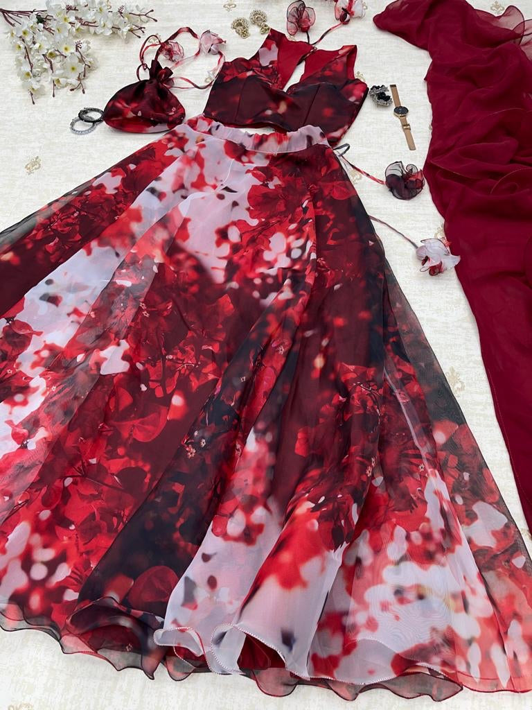 Floral Printed Maroon Color Organza Silk Lehenga