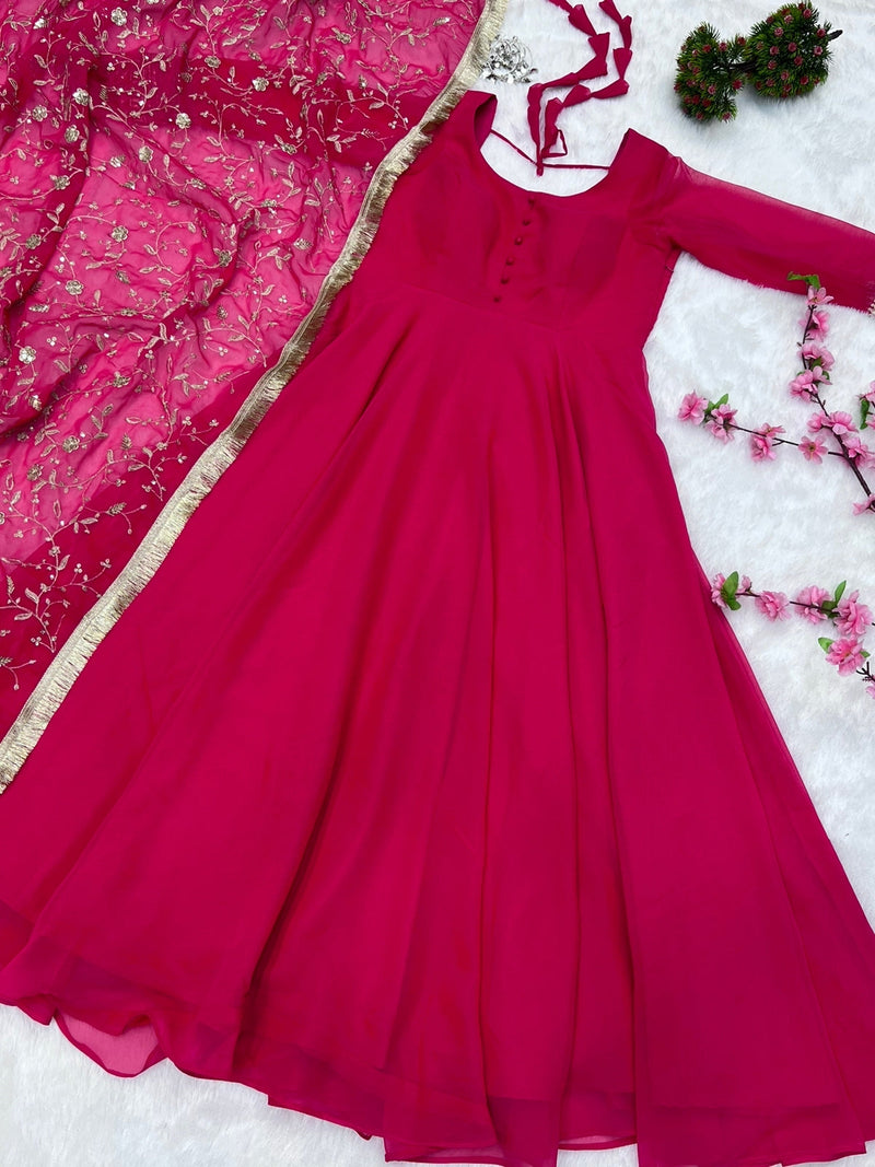 Attractive Pink Anarkali Suit Set With Heavy Dupatta