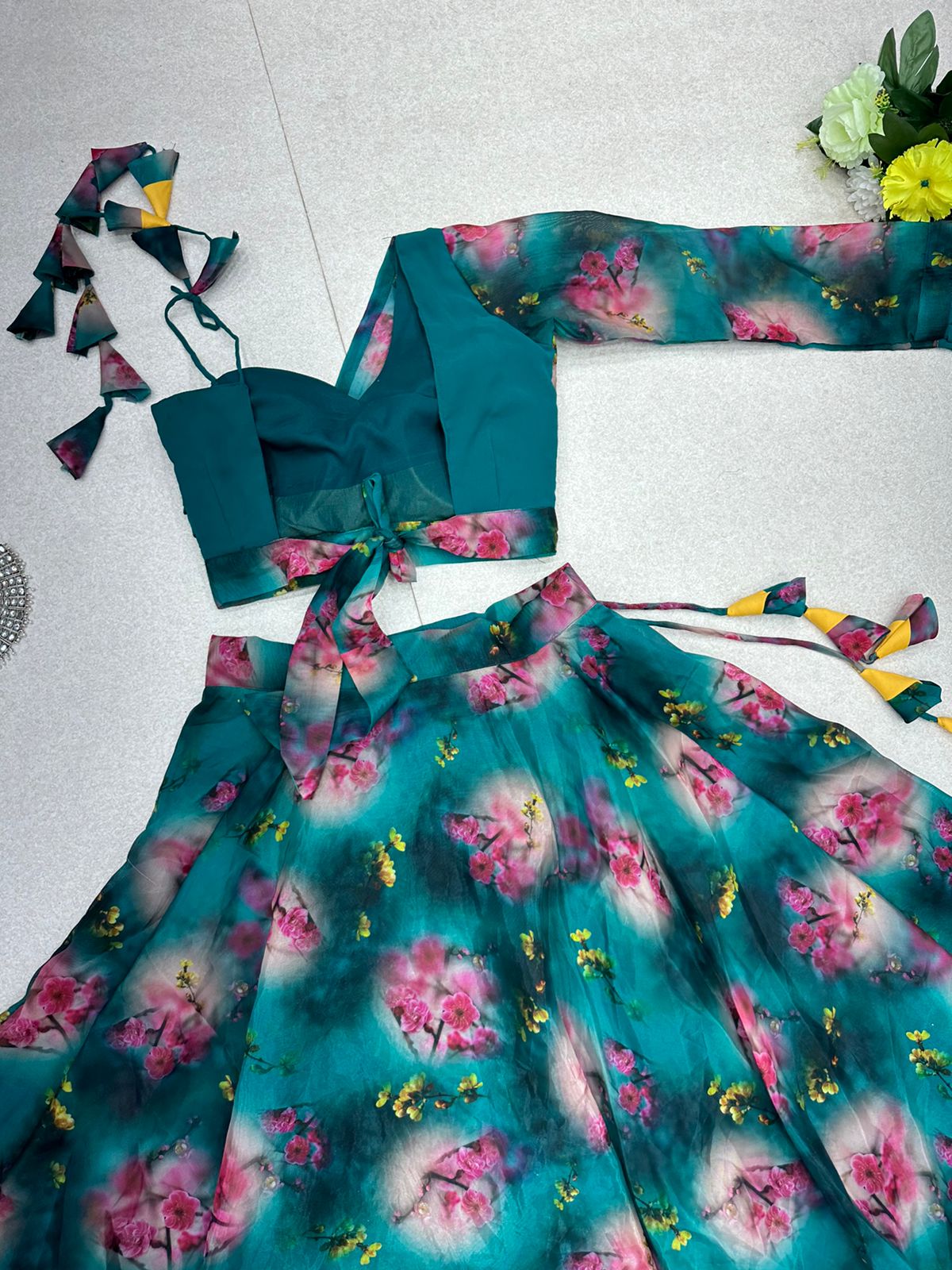 Floral Printed Teal Blue Color Lehenga With One Shoulder Blouse