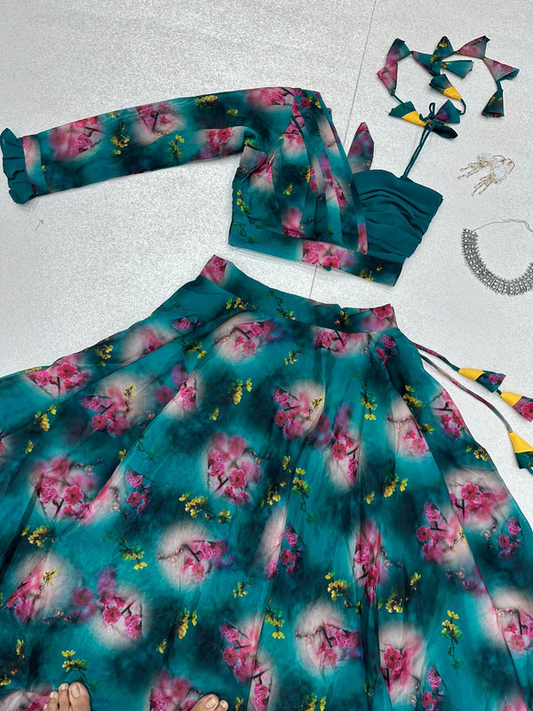 Floral Printed Teal Blue Color Lehenga With One Shoulder Blouse