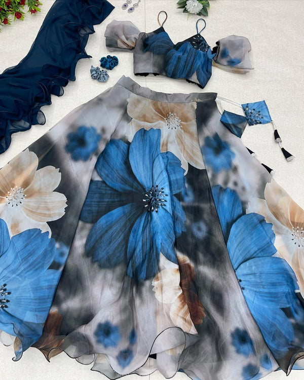 Elegant Sky Blue Color Printed Organza Lehenga Choli
