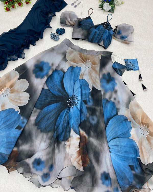 Elegant Sky Blue Color Printed Organza Lehenga Choli
