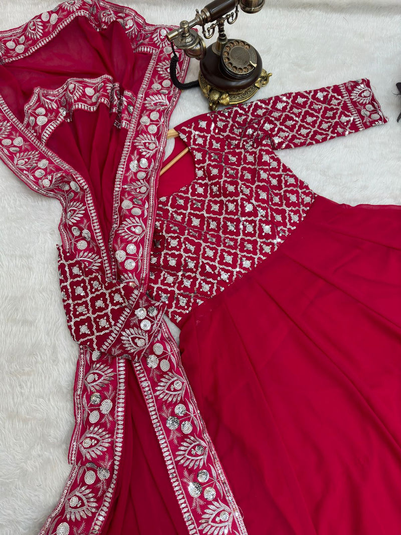 Pink Color Sequence Embroidery Work Gown